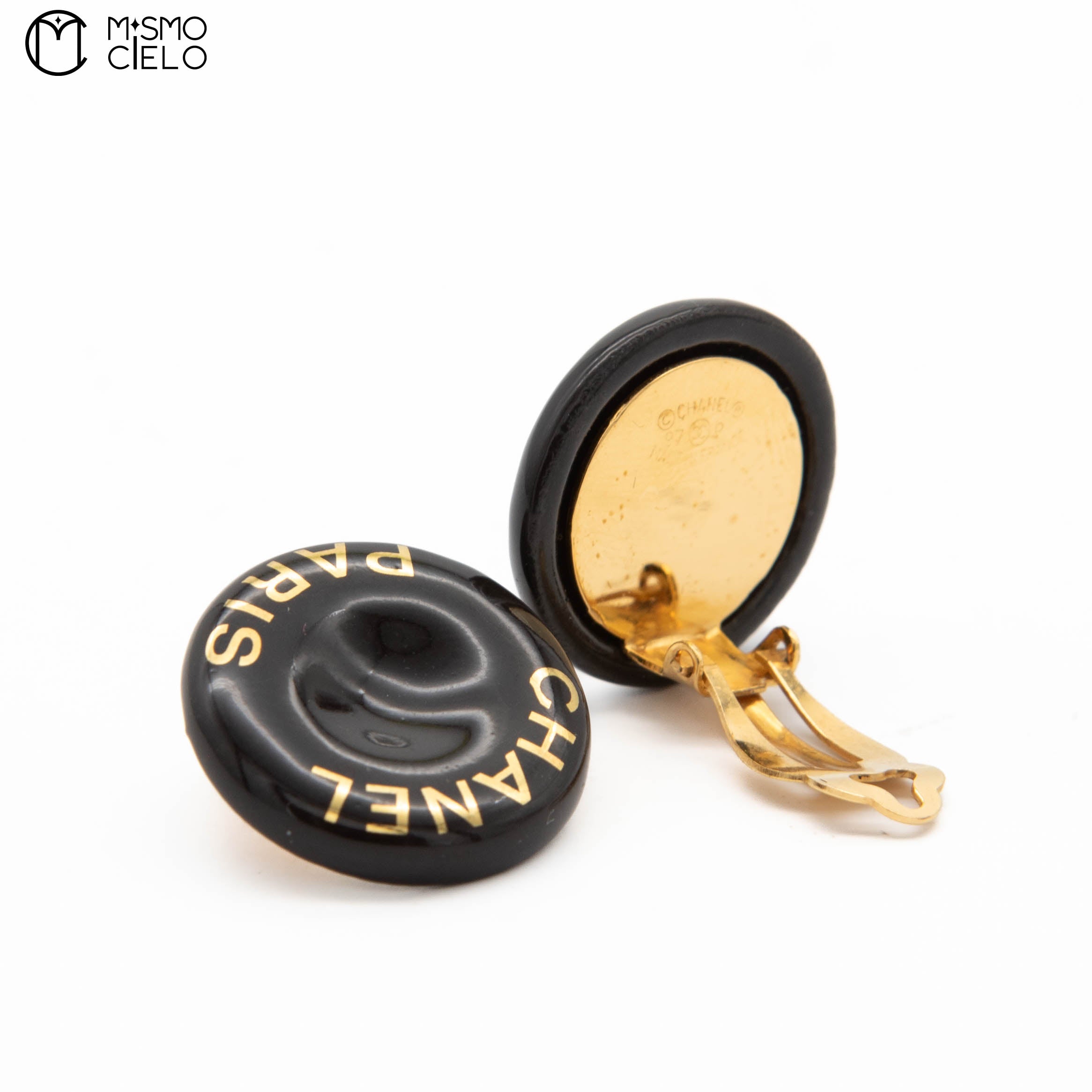 1997 Logo Print Black x Gold Tone Clip-on Earrings