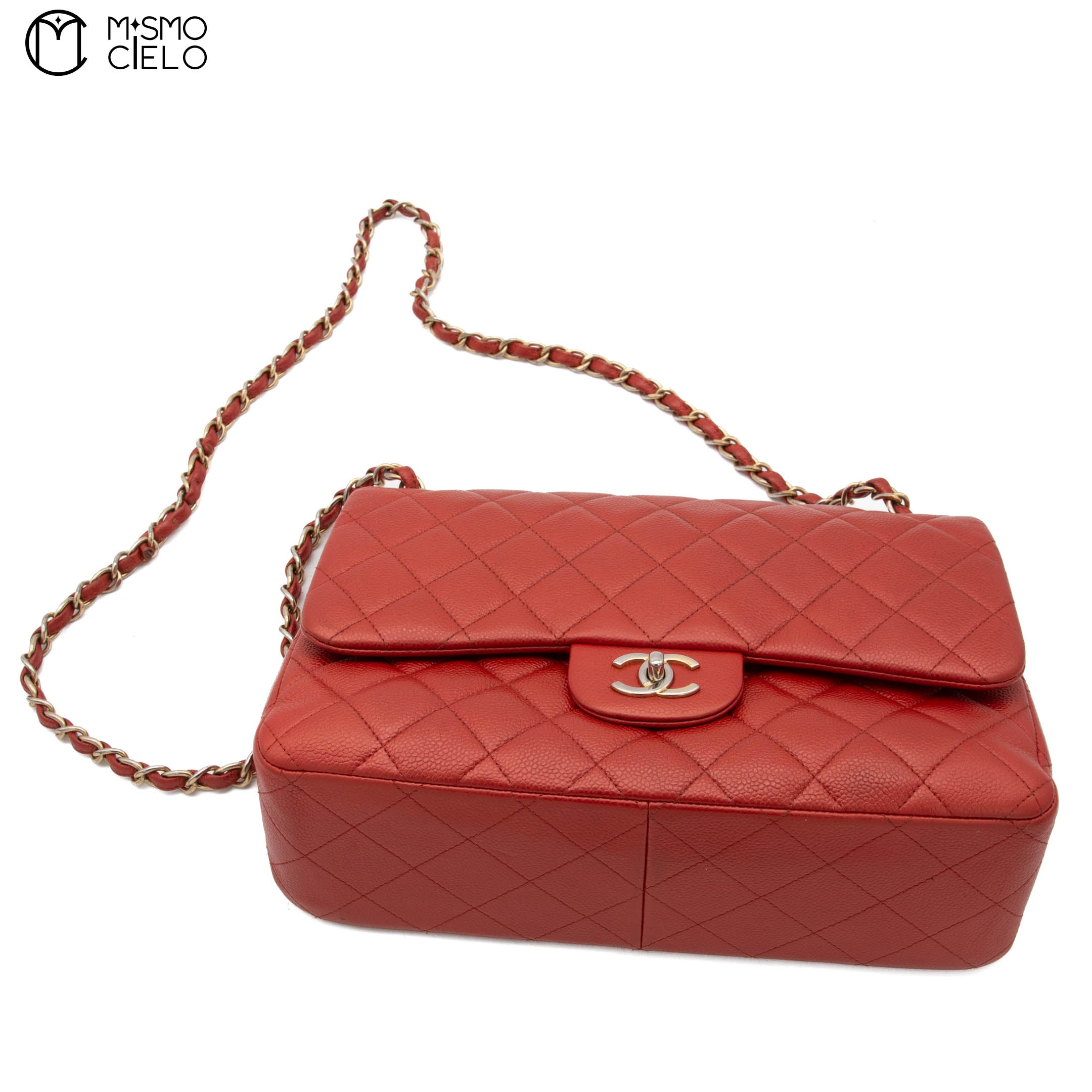 Red Deca 30 Matelasse Caviar Skin Double Flap Shoulder Bag