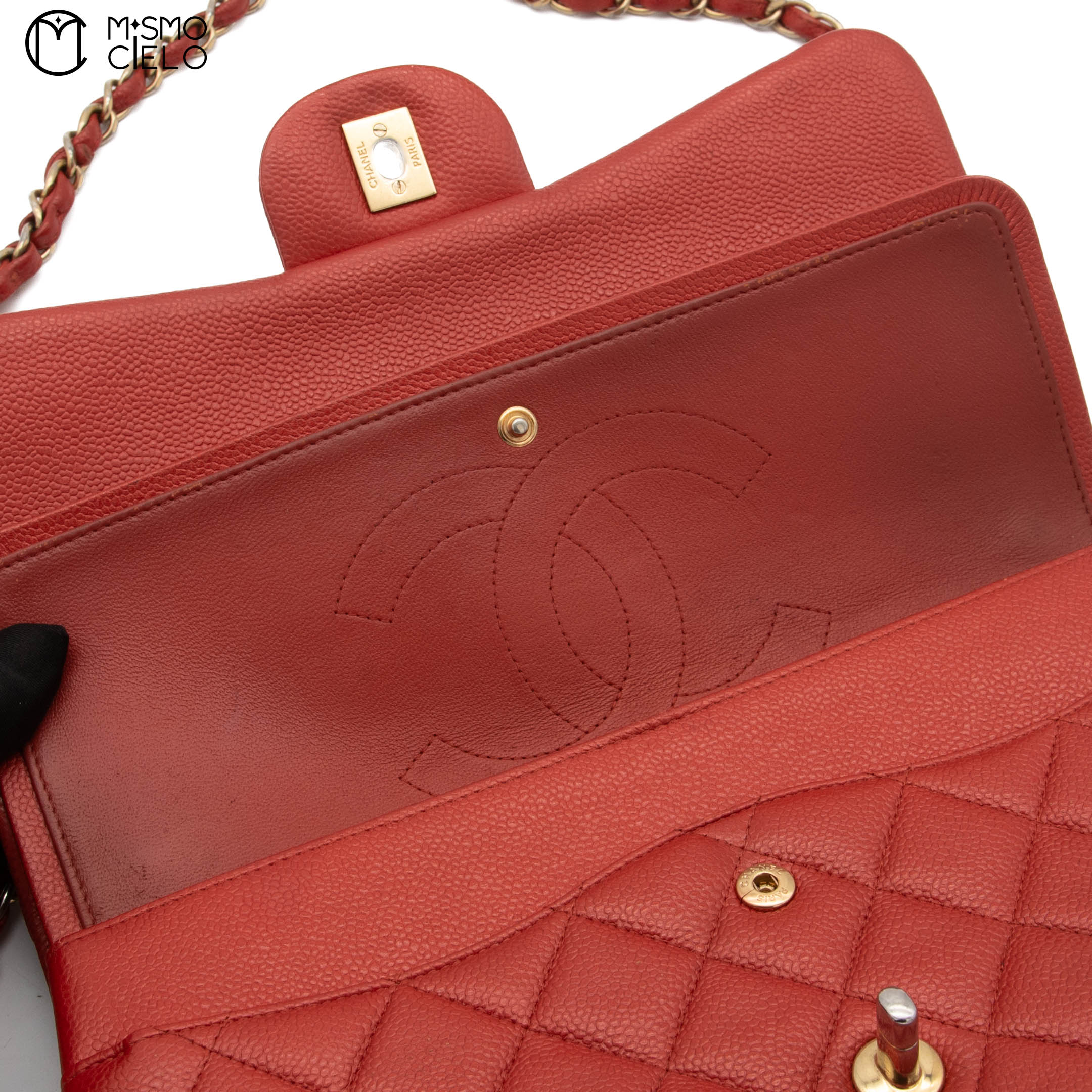 Red Deca 30 Matelasse Caviar Skin Double Flap Shoulder Bag
