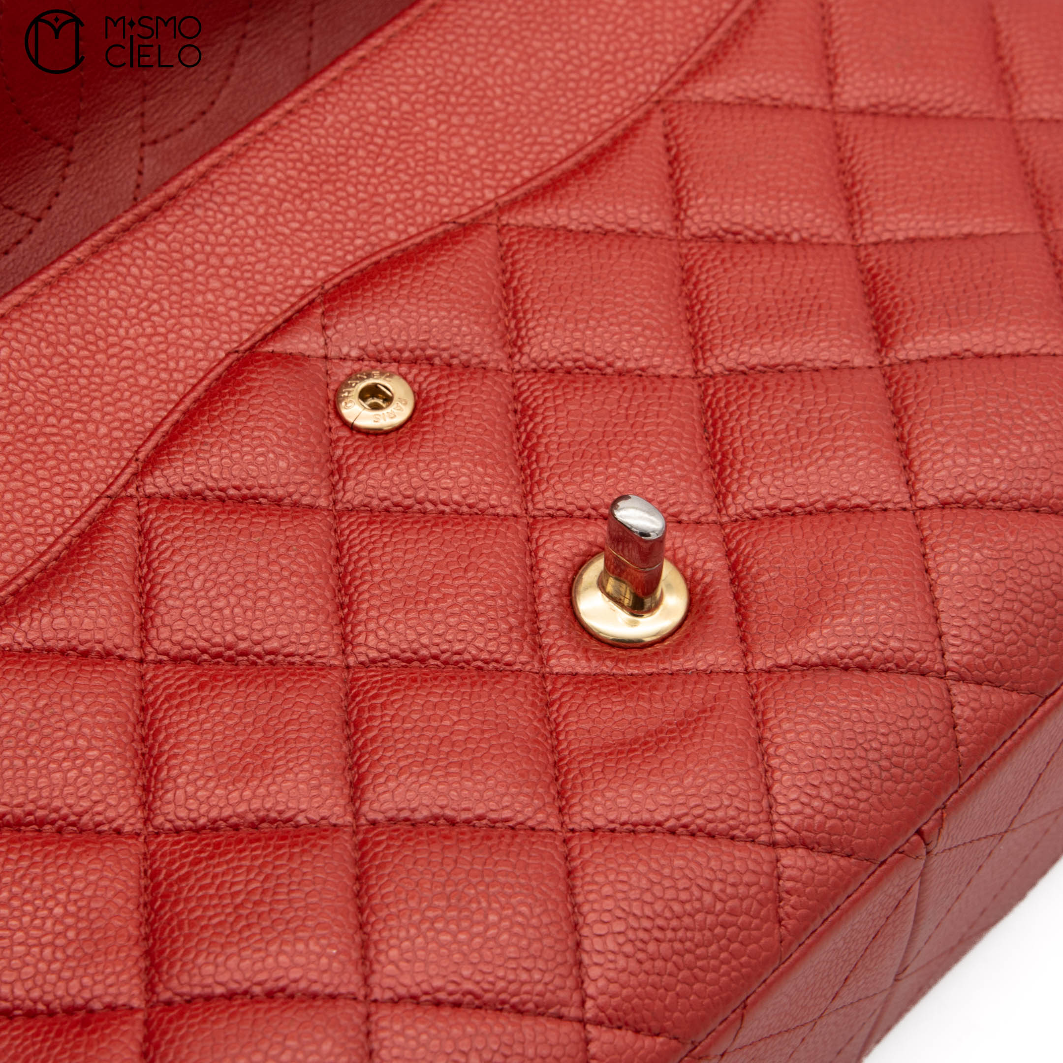 Red Deca 30 Matelasse Caviar Skin Double Flap Shoulder Bag