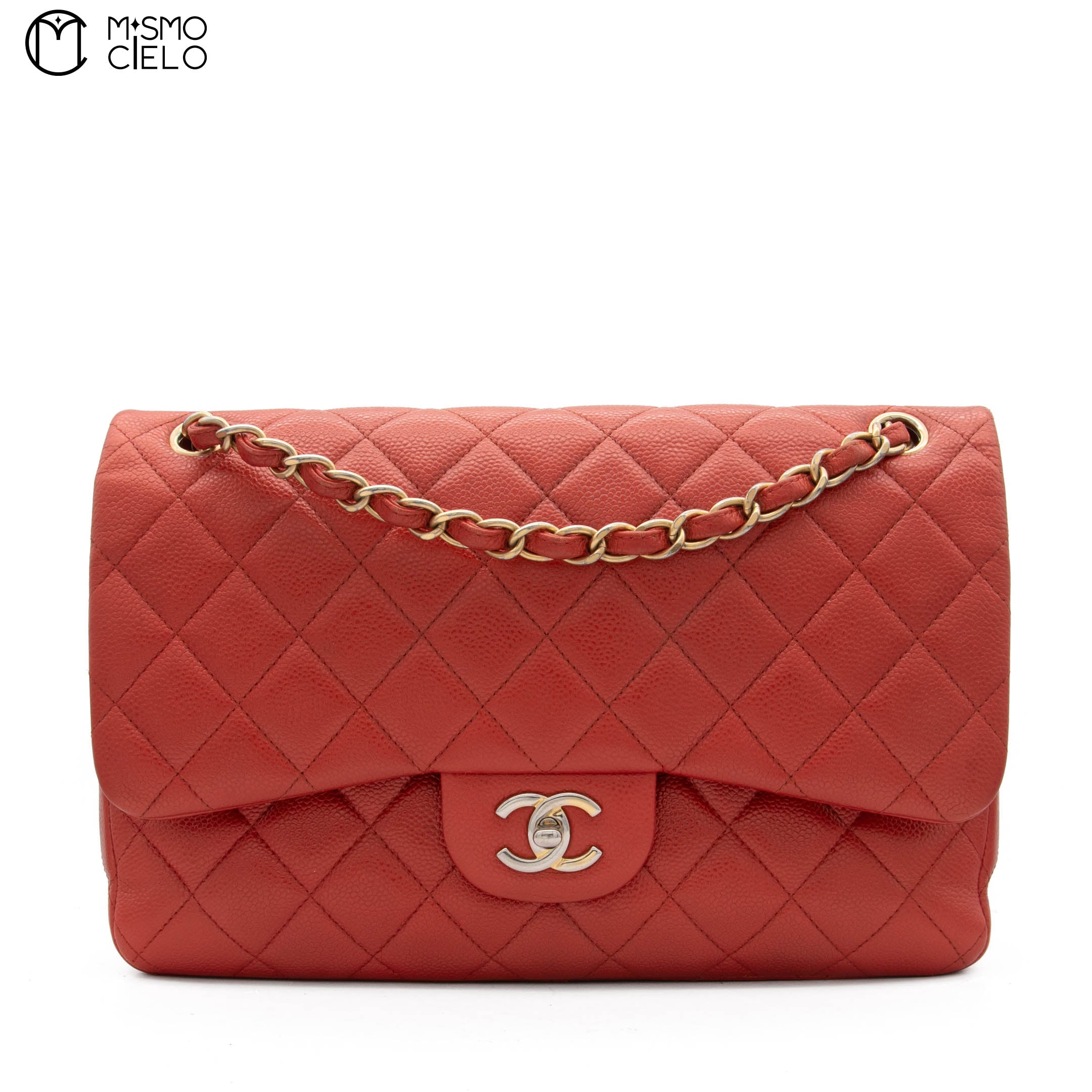 Red Deca 30 Matelasse Caviar Skin Double Flap Shoulder Bag