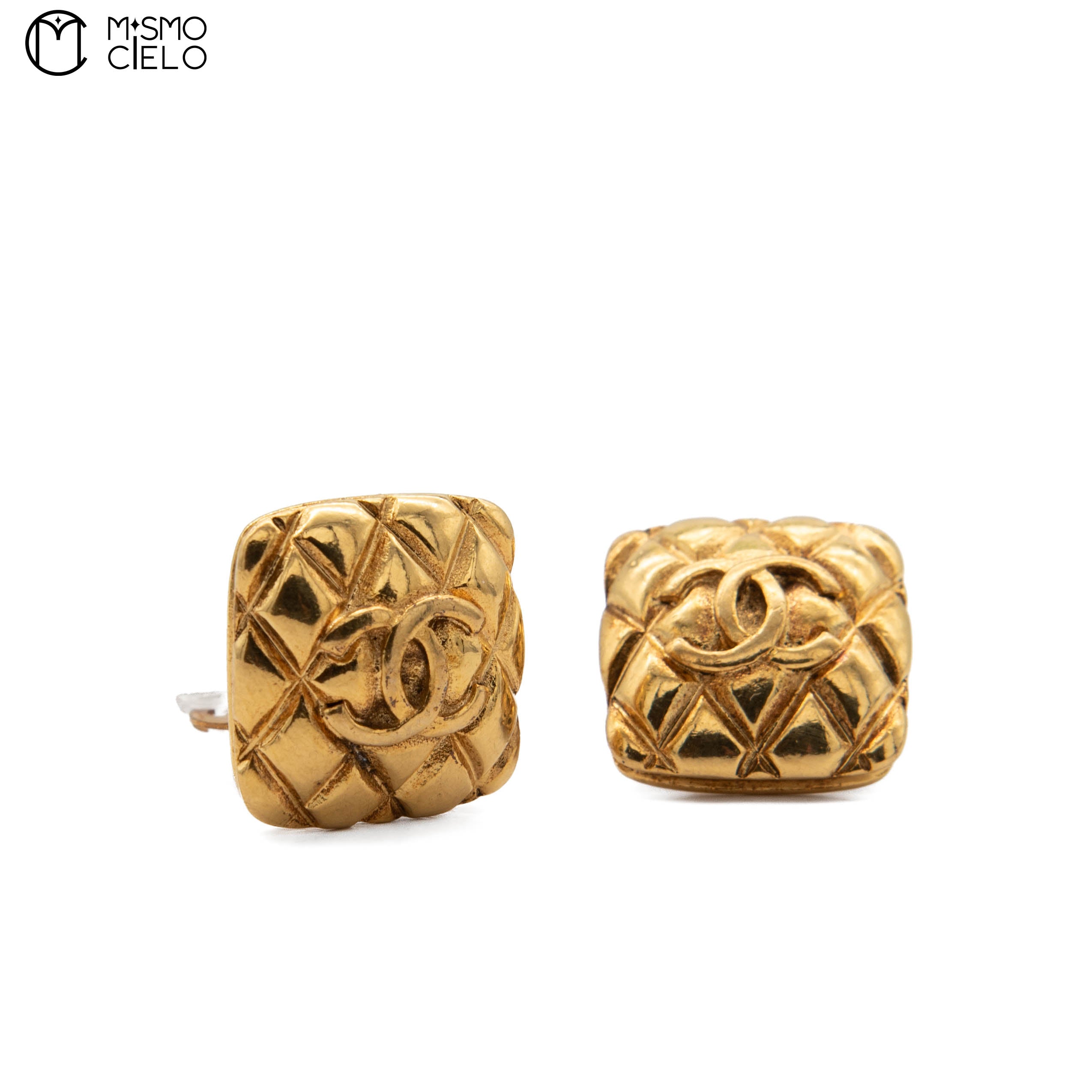 Gold Quilted Coco Logo Square Clip-on Earrings