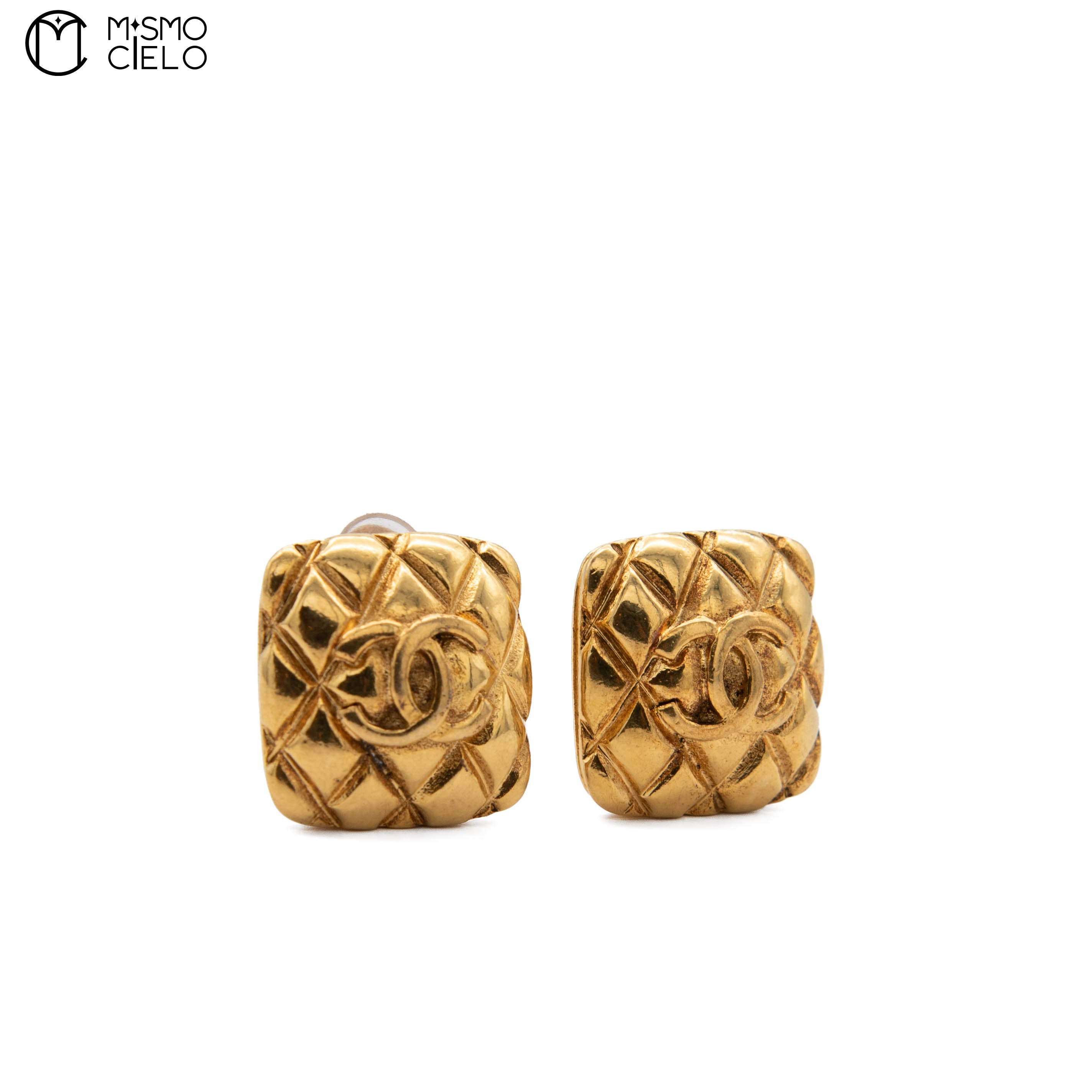Gold Quilted Coco Logo Square Clip-on Earrings