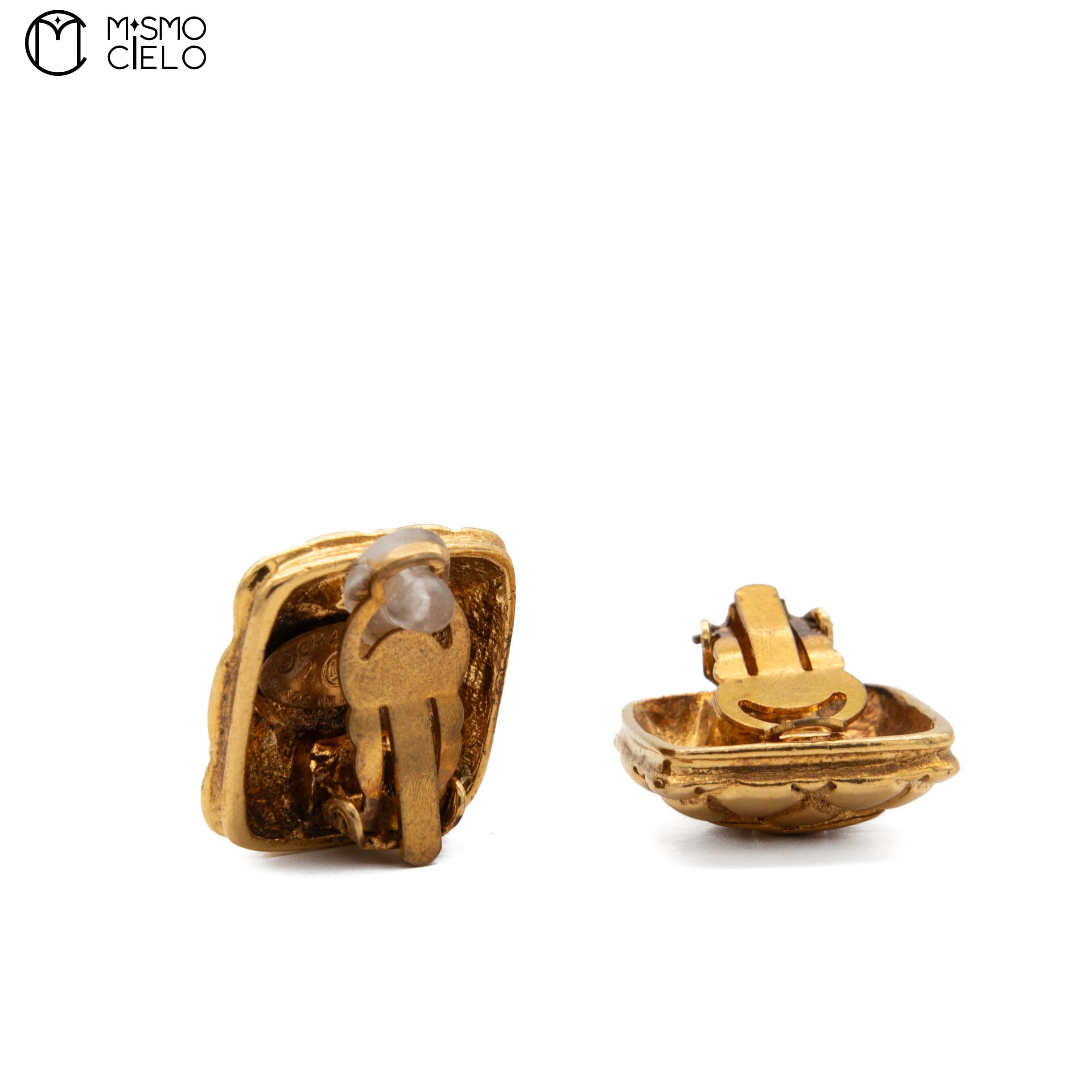 Gold Quilted Coco Logo Square Clip-on Earrings