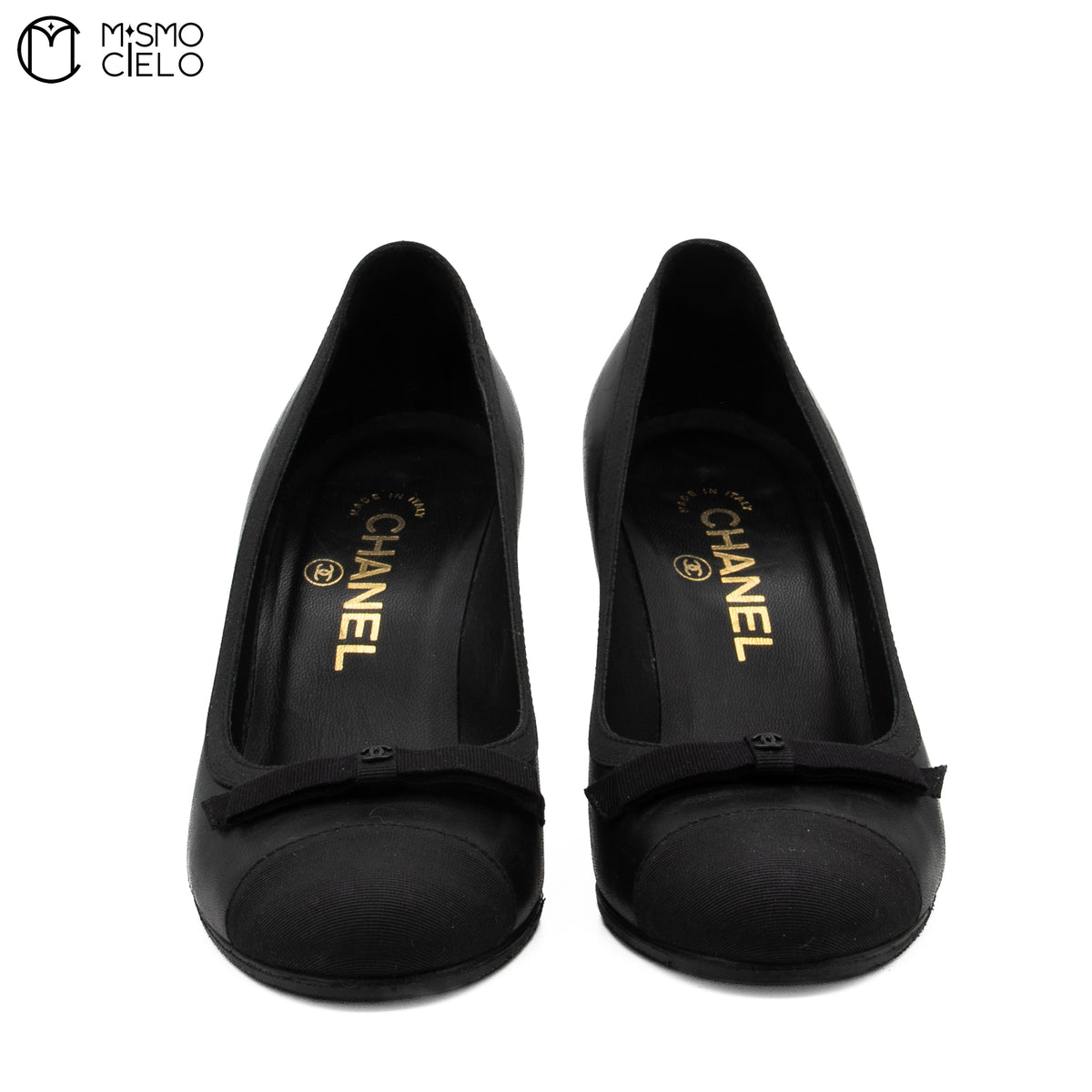 Black Leather Coco Mark Ribbon Heel Pumps Size 36C