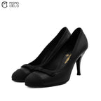 Black Leather Coco Mark Ribbon Heel Pumps Size 36C
