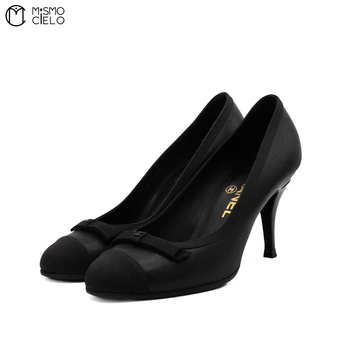 Black Leather Coco Mark Ribbon Heel Pumps Size 36C