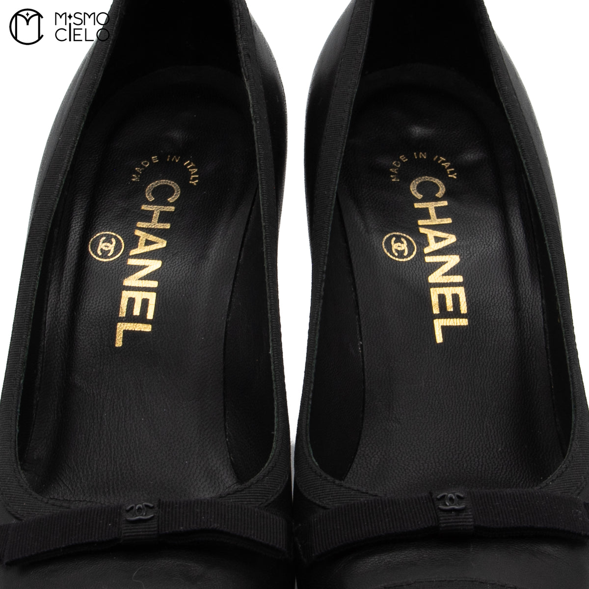 Black Leather Coco Mark Ribbon Heel Pumps Size 36C