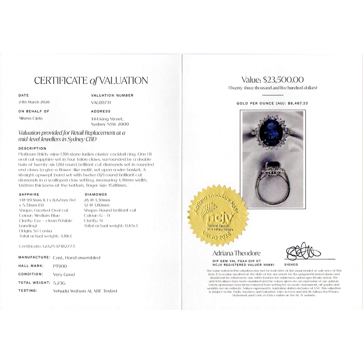 900PT Non Heated Sapphire and Diamond Ring