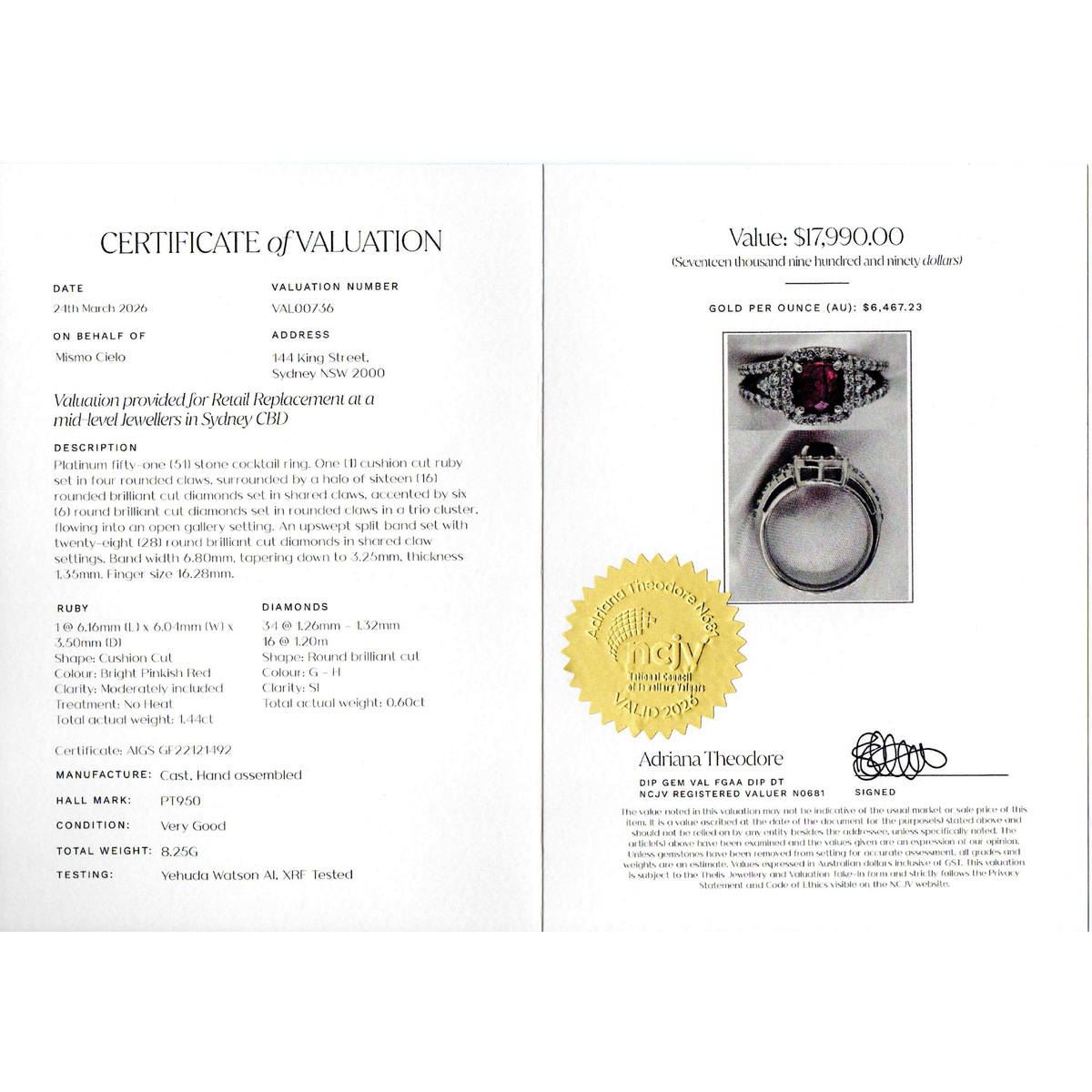 Platinum 950 Unheated Pigeon Blood Ruby Ring
