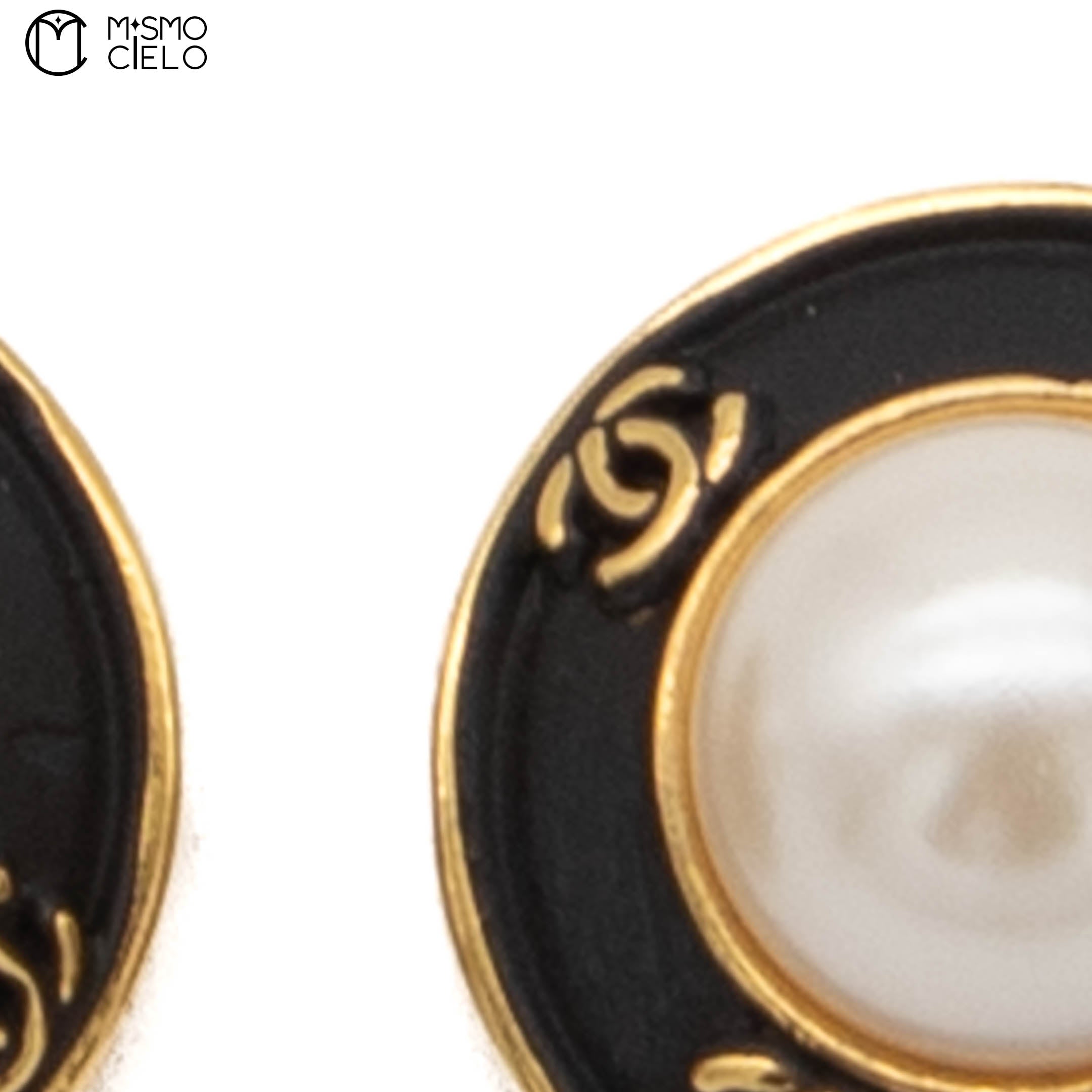 Vintage CHANEL Pearl Button Matte Black on Gold Clip on Earrings