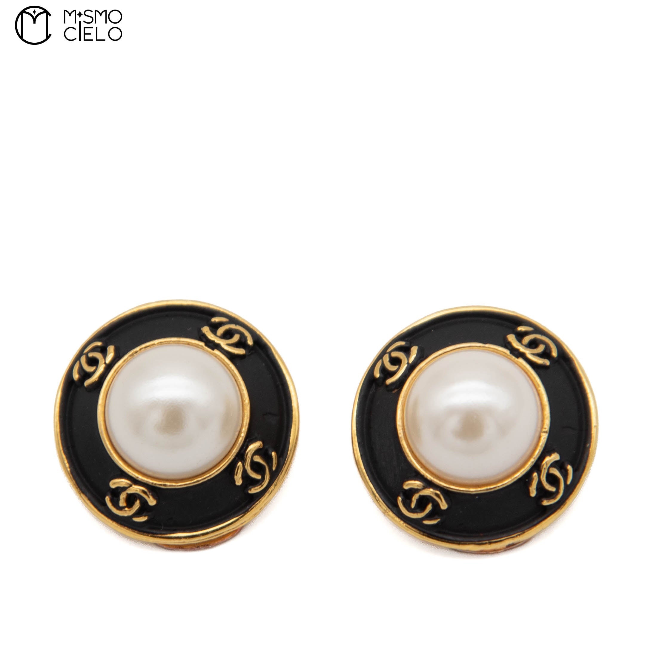 Vintage CHANEL Pearl Button Matte Black on Gold Clip on Earrings