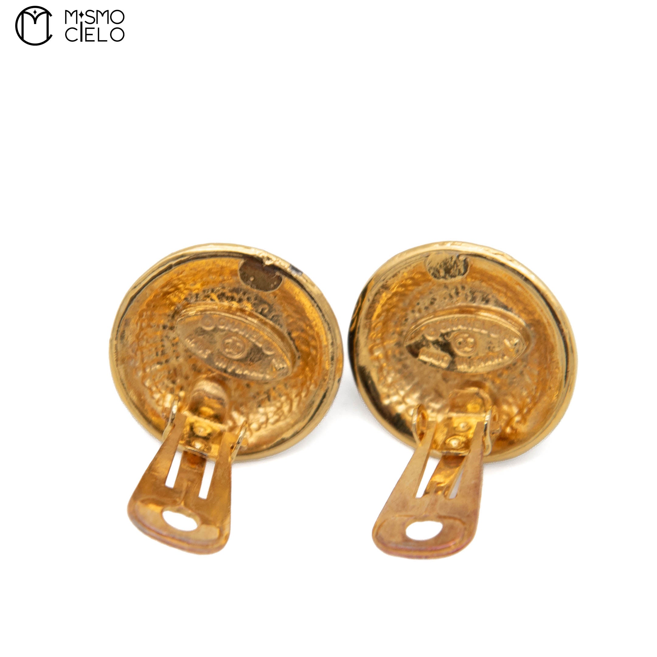 Vintage CHANEL Pearl Button Matte Black on Gold Clip on Earrings