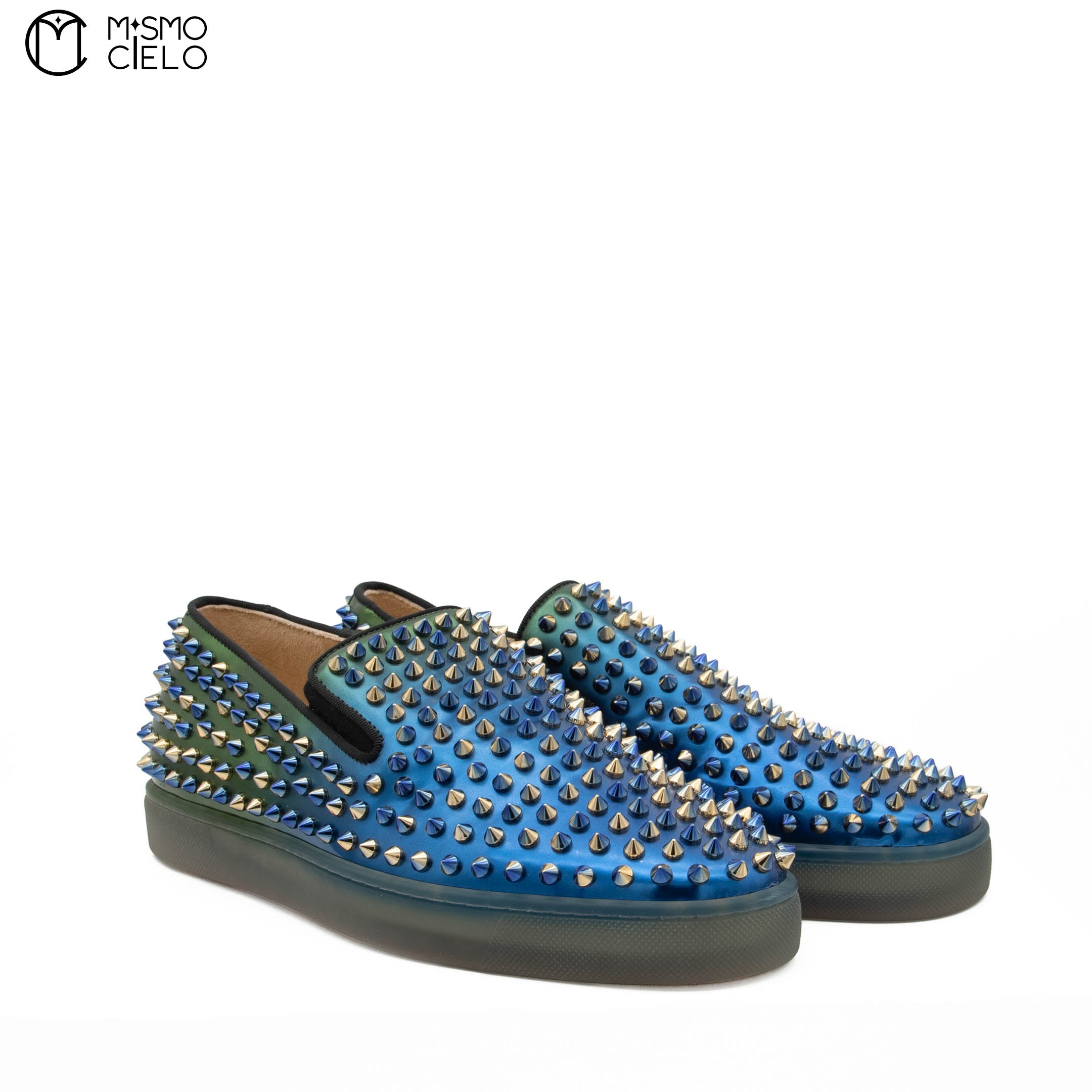 Blue Spike Studded Leather Slip-on Shoes Size 41