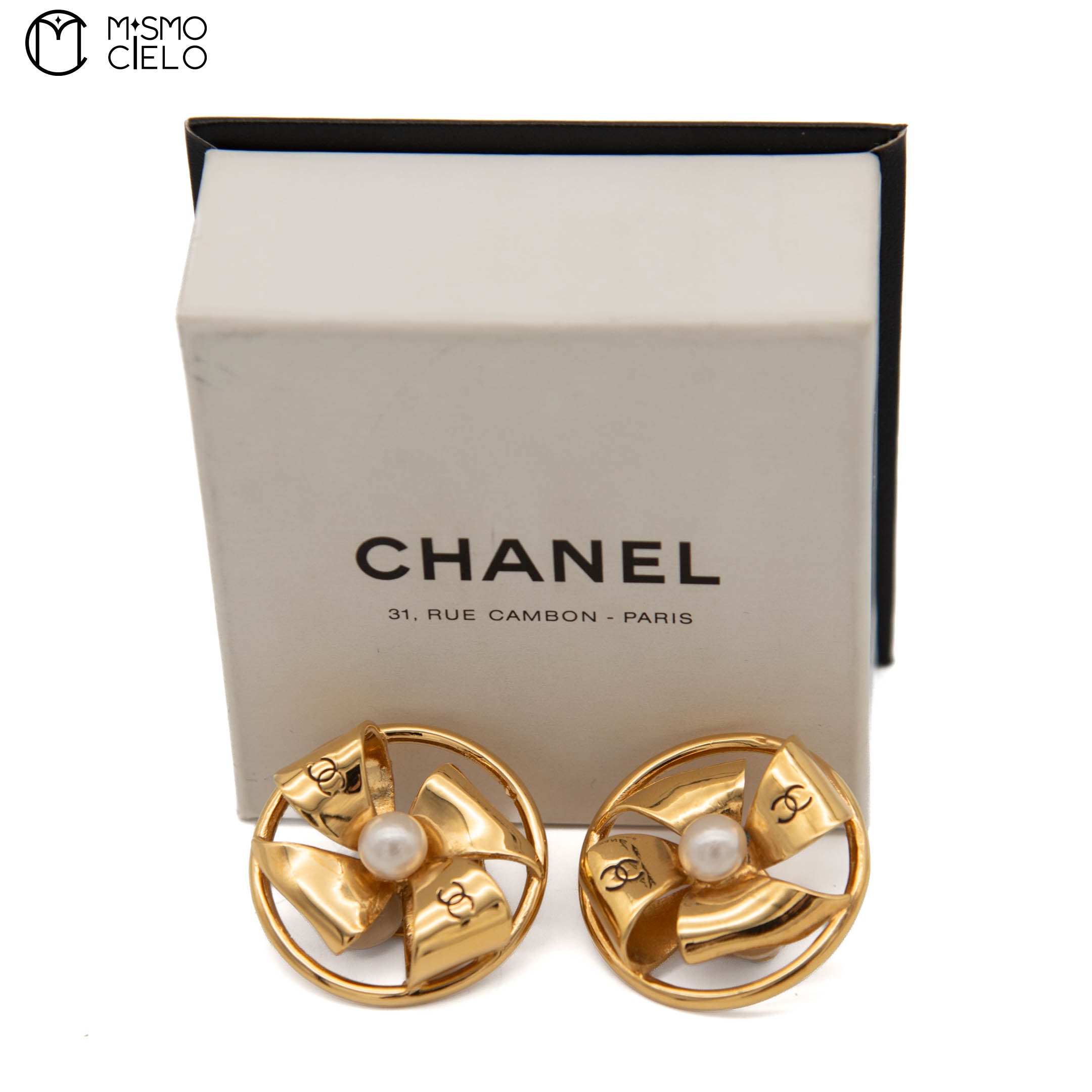 Pearl coco Mark Windmill Ribbon Gold Plate Clip-on Earrings