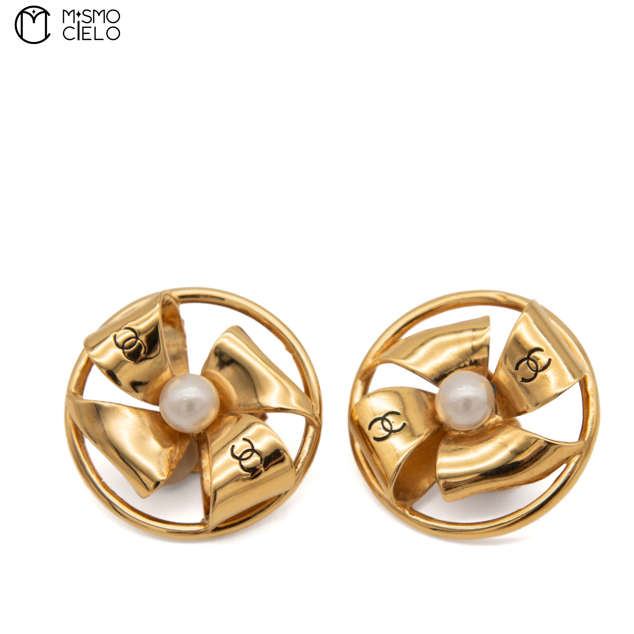 Pearl coco Mark Windmill Ribbon Gold Plate Clip-on Earrings