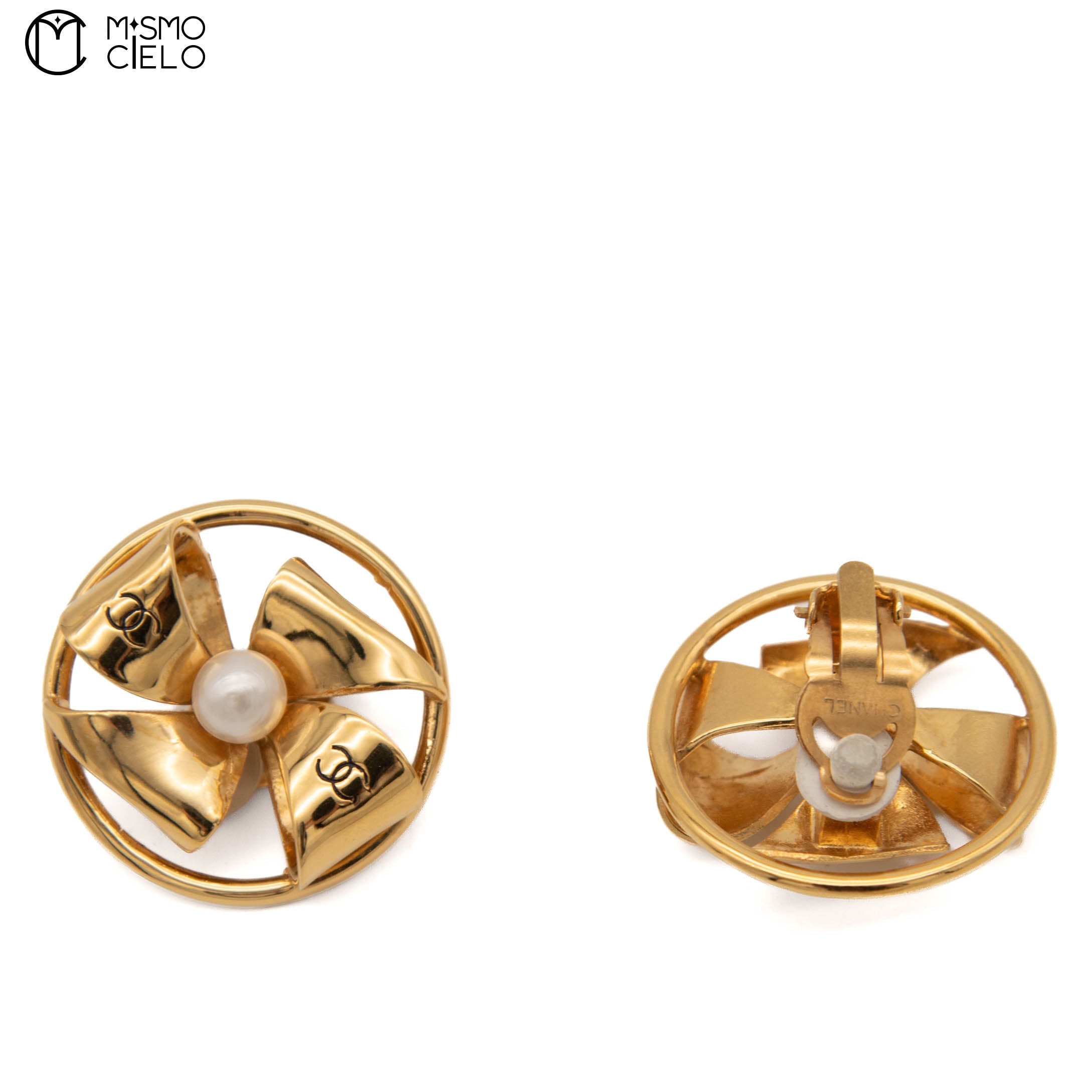 Pearl coco Mark Windmill Ribbon Gold Plate Clip-on Earrings