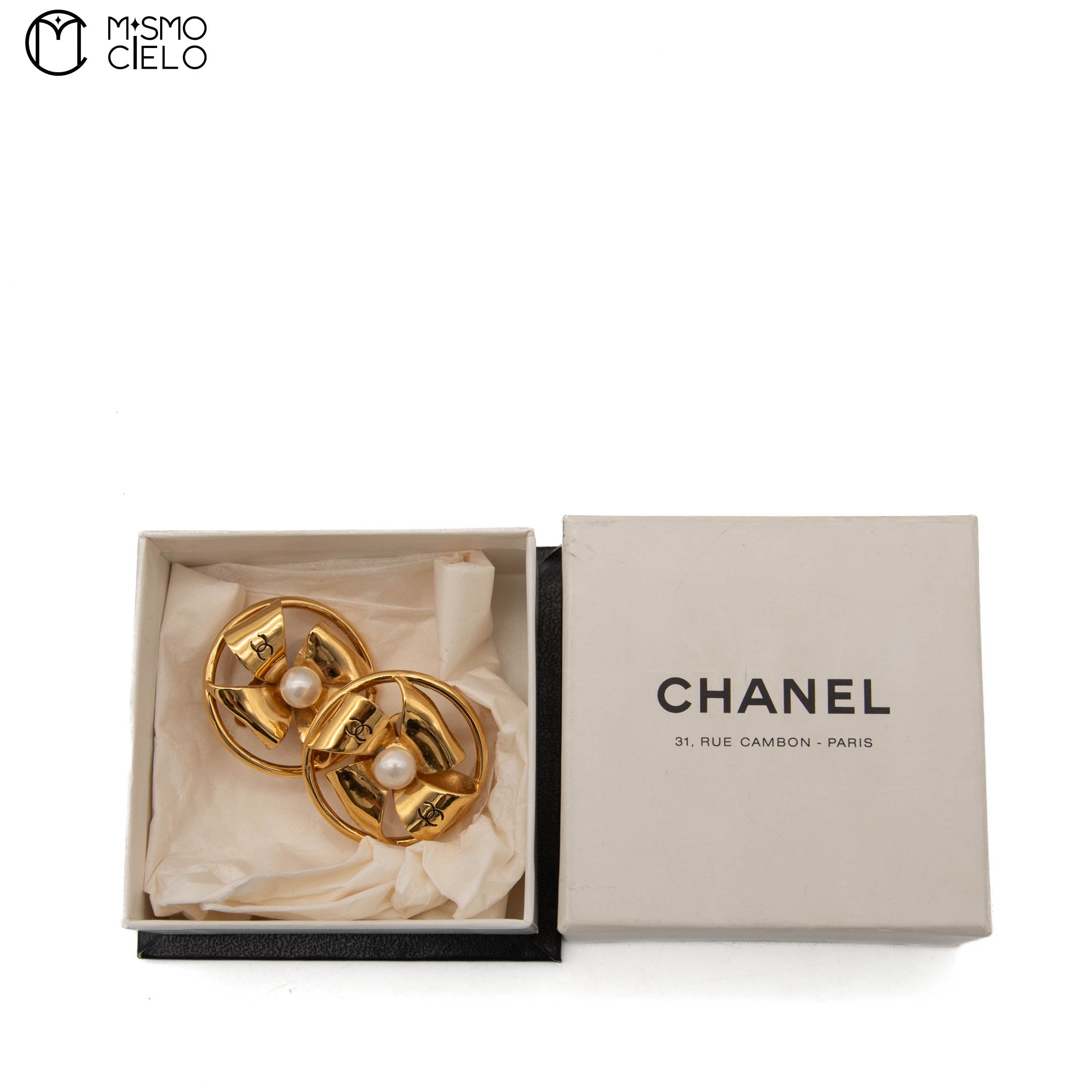 Pearl coco Mark Windmill Ribbon Gold Plate Clip-on Earrings