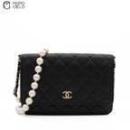 CC Quilted Lambskin Pearl Wallet with Chain