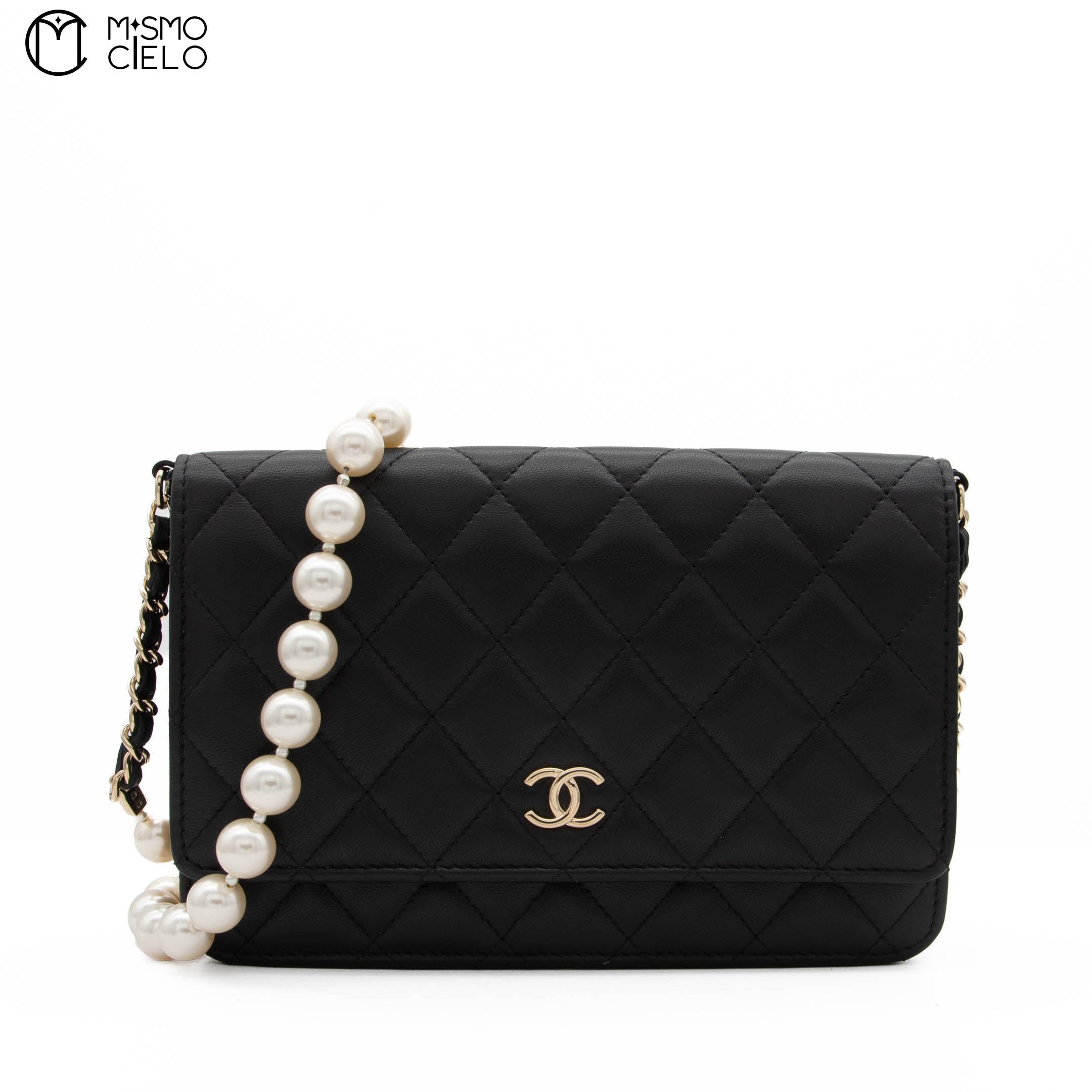 CC Quilted Lambskin Pearl Wallet with Chain