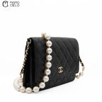 CC Quilted Lambskin Pearl Wallet with Chain